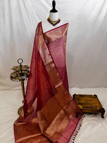 Banarasi Tissue Silk Saree | Metallic Onion Pink | Crushed Texture | Gold Zari | Handwoven | Ships from California